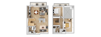 two floor plans of a house with a bedroom and a living room