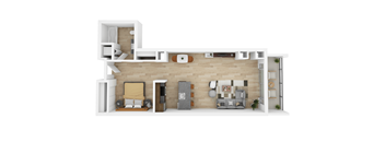 A 3D image of a modern living room with a sofa, a chair, a couch, a coffee table, a rug, a plant, and a wall clock.