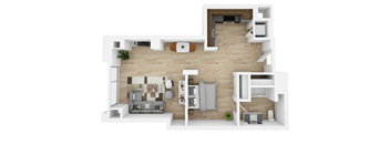 an overhead view of a living room with a wood floor
