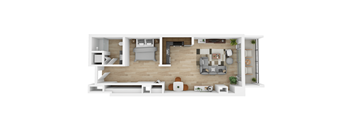 A 3D floor plan of a modern apartment with a kitchen, living room, and bedrooms.