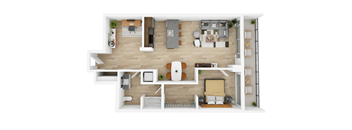 the interior of the apartment is divided into two floors with a bedroom and a bathroom