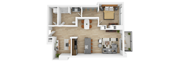 a bedroom floor plan with a bathroom and a living room