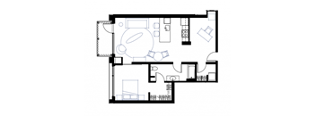 a floor plan of a house with a bedroom and a living room