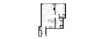 a floor plan of a house with a bedroom and a living room