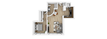 a stylized floor plan of a bedroom with a bathroom and a living room