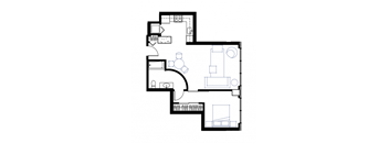 a floor plan of a small house with a bedroom and a living room