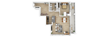 a stylized floor plan with a bedroom and a living room