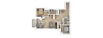 a stylized floor plan of a house with a bedroom and living room