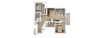 a stylized floor plan of a house with a bedroom and living room