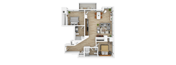 the interior of a studio apartment with a kitchen and living room