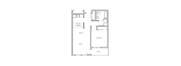 A floor plan of a small apartment with a living room, dining room, bedroom, and deck.