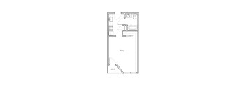 A drawing of a floor plan of a room with a living area and a deck.