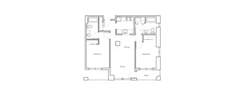 A floor plan of a house with two bedrooms, a living room, a dining room, and a deck.