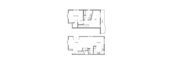 A floor plan of a house with a bedroom, living room, and dining room.