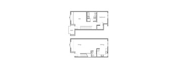 A floor plan of a two-story home with a living room, dining room, deck, and bedrooms.