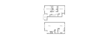 A floor plan of a house with two bedrooms, a living room, a dining room, a kitchen, and a deck.