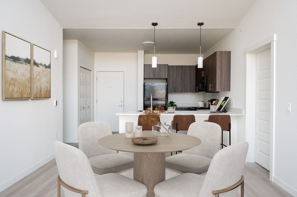 A modern dining room with a table set for six.