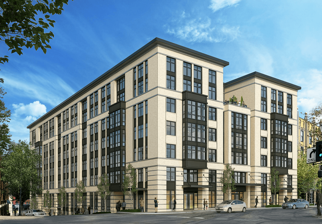 a rendering of an apartment building on a city street