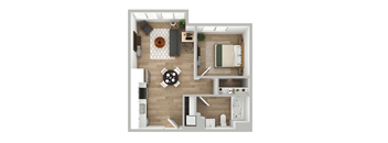 a stylized floor plan of a bedroom with a living room and a dining room