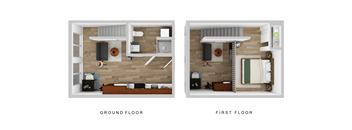 a rendering and a floor plan of a room with a wood wall