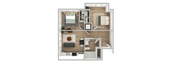 a 3d rendering of a bedroom with a living room and a bathroom