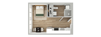 a layout of a bedroom with a bathroom and a living room