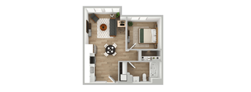 a stylized floor plan of a bedroom with a living room and a dining room