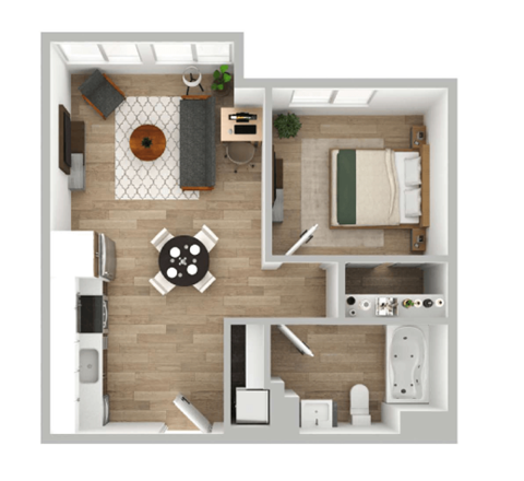 a stylized floor plan of a bedroom with a living room and a dining room
