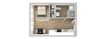 a layout of a bedroom with a bathroom and a living room