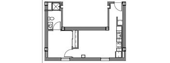 A floor plan of a house with a kitchen, living room, and bathroom.
