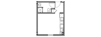 A floor plan of a small apartment with a kitchen, living room, and bathroom.