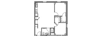 A floor plan of a house with a kitchen, living room, and bathroom.