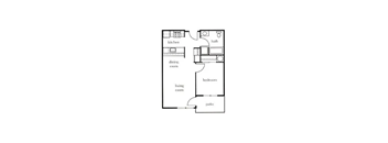 A floor plan of a house with a kitchen, dining room, living room, bathroom, and bedroom.