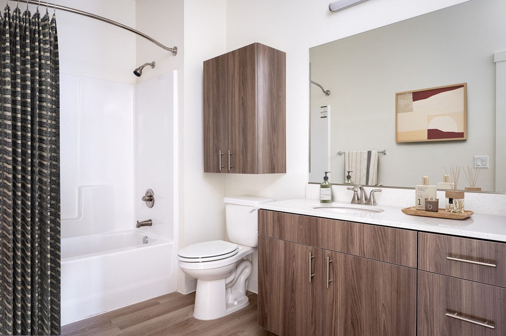 A modern bathroom with a white toilet and a wooden cabinet.