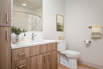 a bathroom with a toilet sink and mirror in a 555 waverly unit - Photo Gallery 29