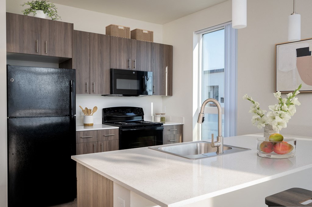 A modern kitchen with a black refrigerator, microwave, and oven.