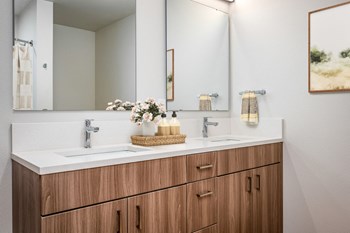 a bathroom with two sinks and a large mirror - Photo Gallery 26