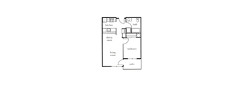 A floor plan of a house with a kitchen, dining room, living room, bathroom, and bedroom.