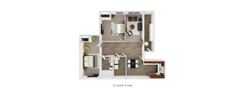 A floor plan of a small apartment with a kitchen, living room, and bathroom.