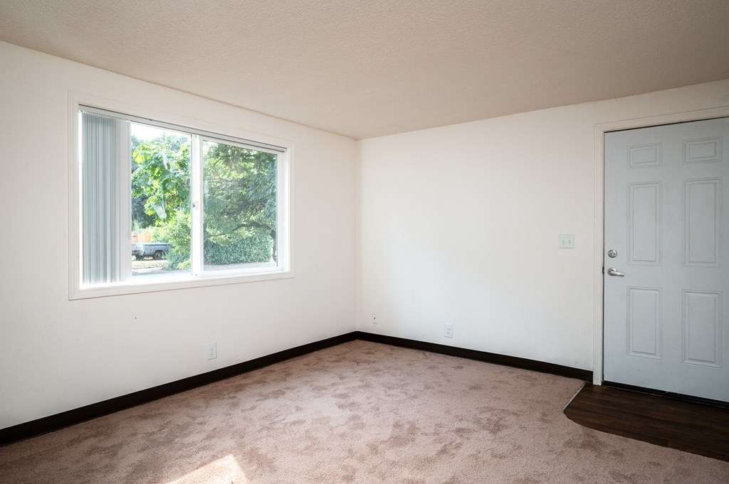 an empty room with a window and carpet