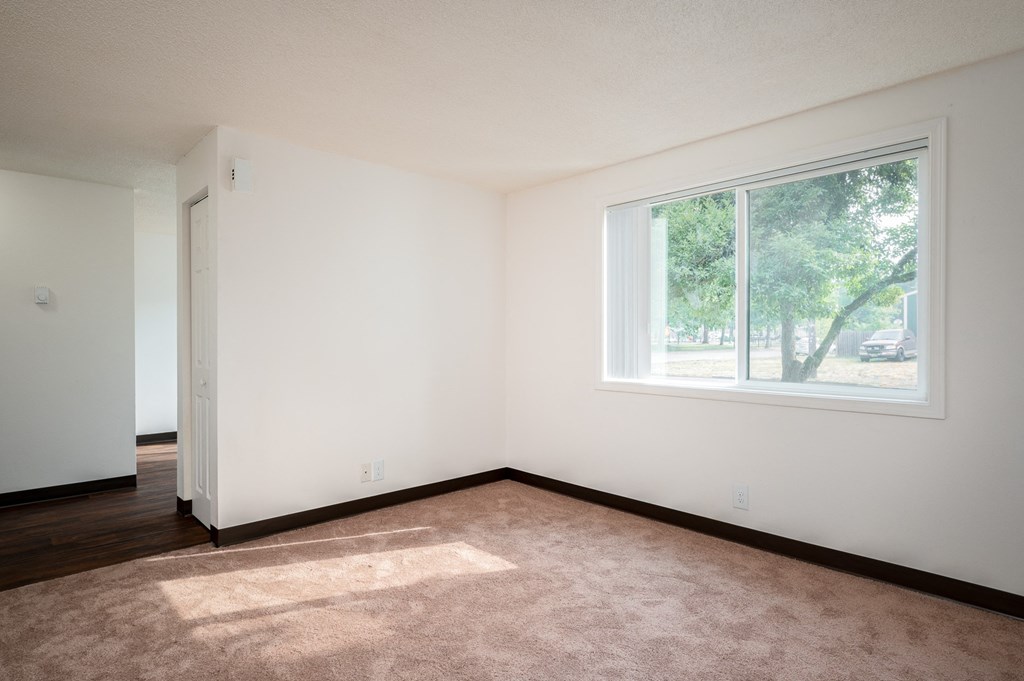 an empty room with a large window and carpet