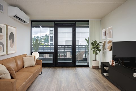 A living room with a brown couch and a black TV.