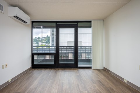 A room with a sliding door and a balcony outside.