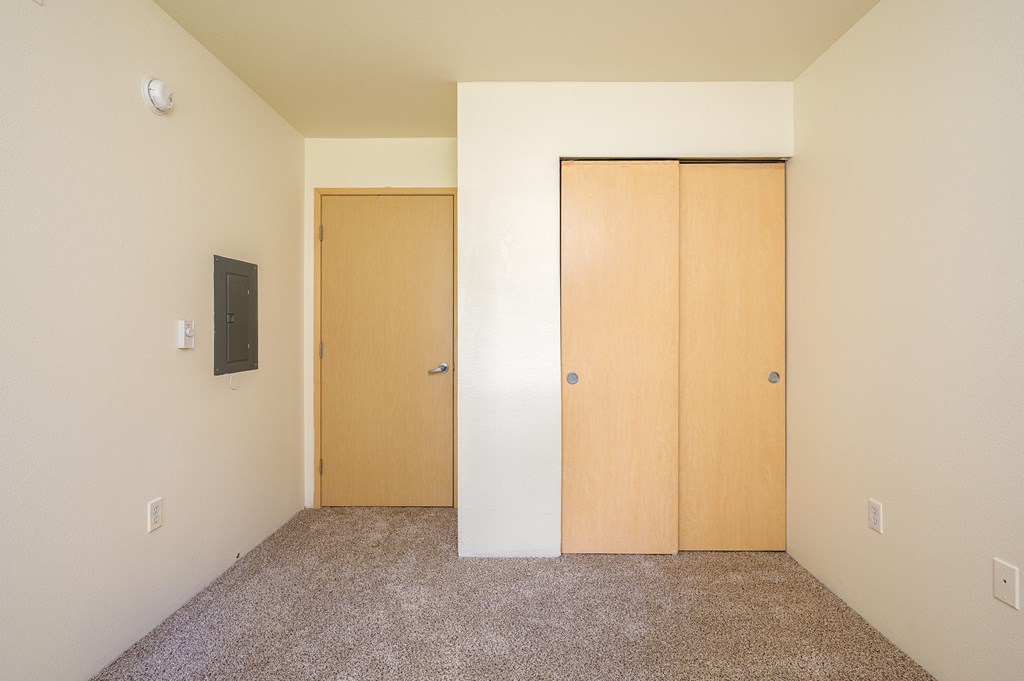 A room with two doors and a carpeted floor.