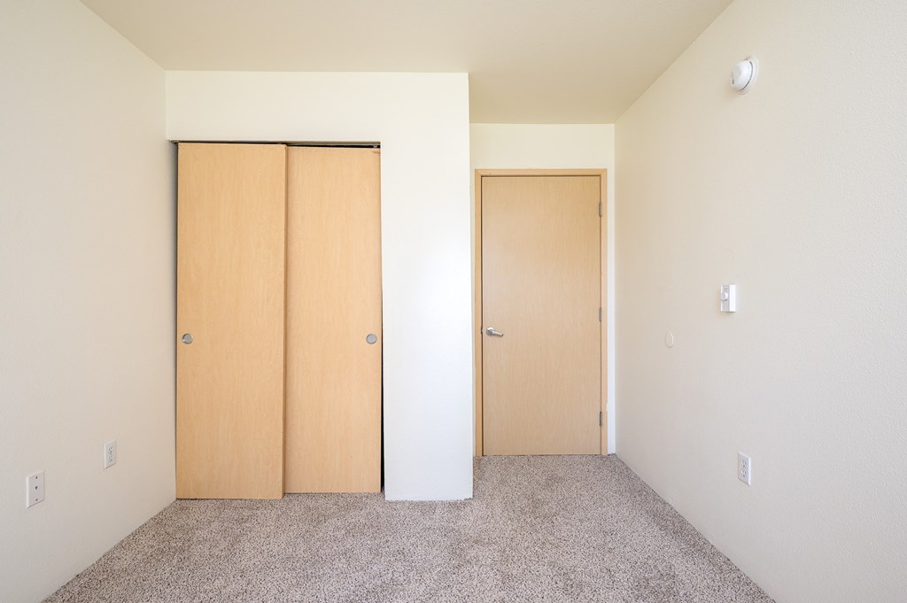 Two doors are closed in a room with carpeted floor.