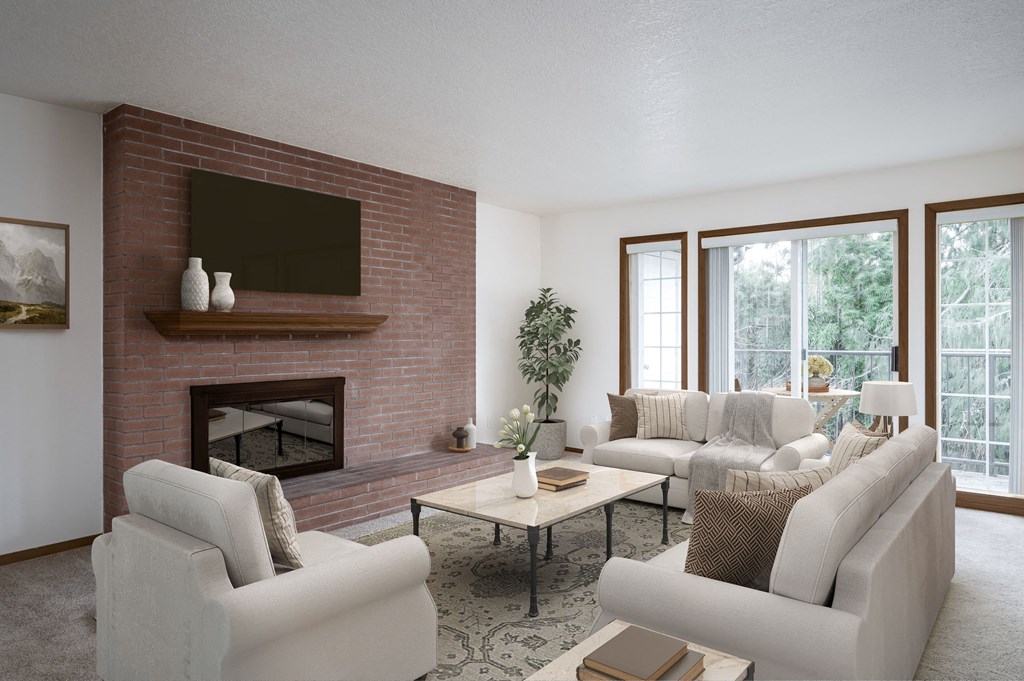 a living room with white furniture and a brick fireplace