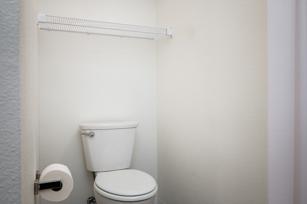 a bathroom with a toilet and a roll of toilet paper