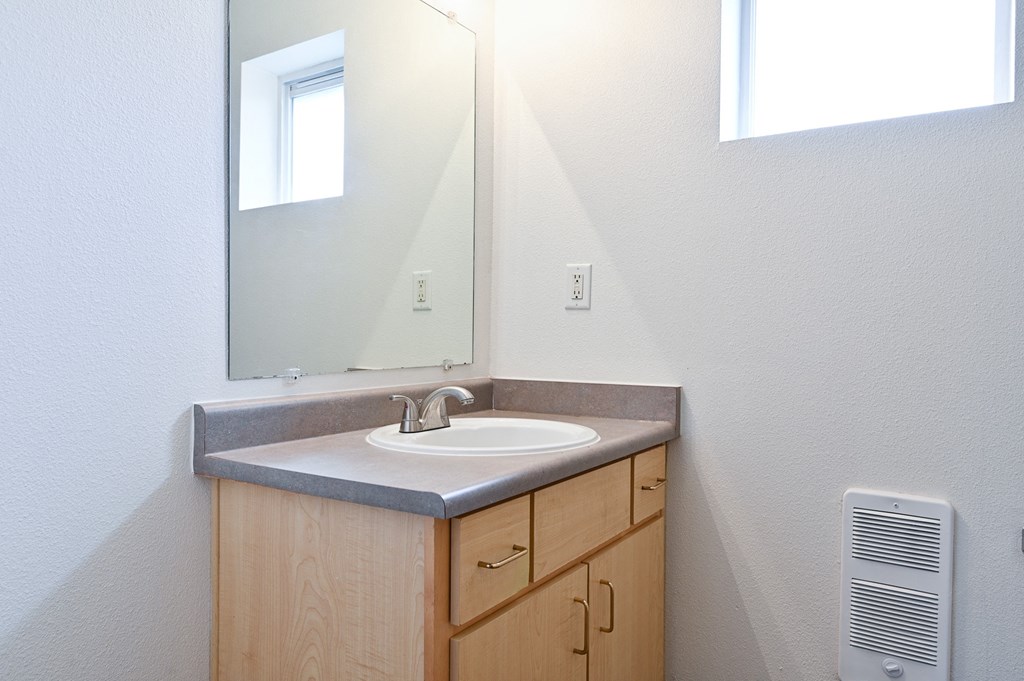 a bathroom with a sink and mirror