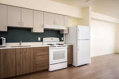 a kitchen with white appliances and white cabinets and a refrigerator