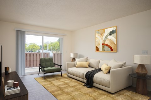 A living room with a couch, chair, and a painting on the wall.